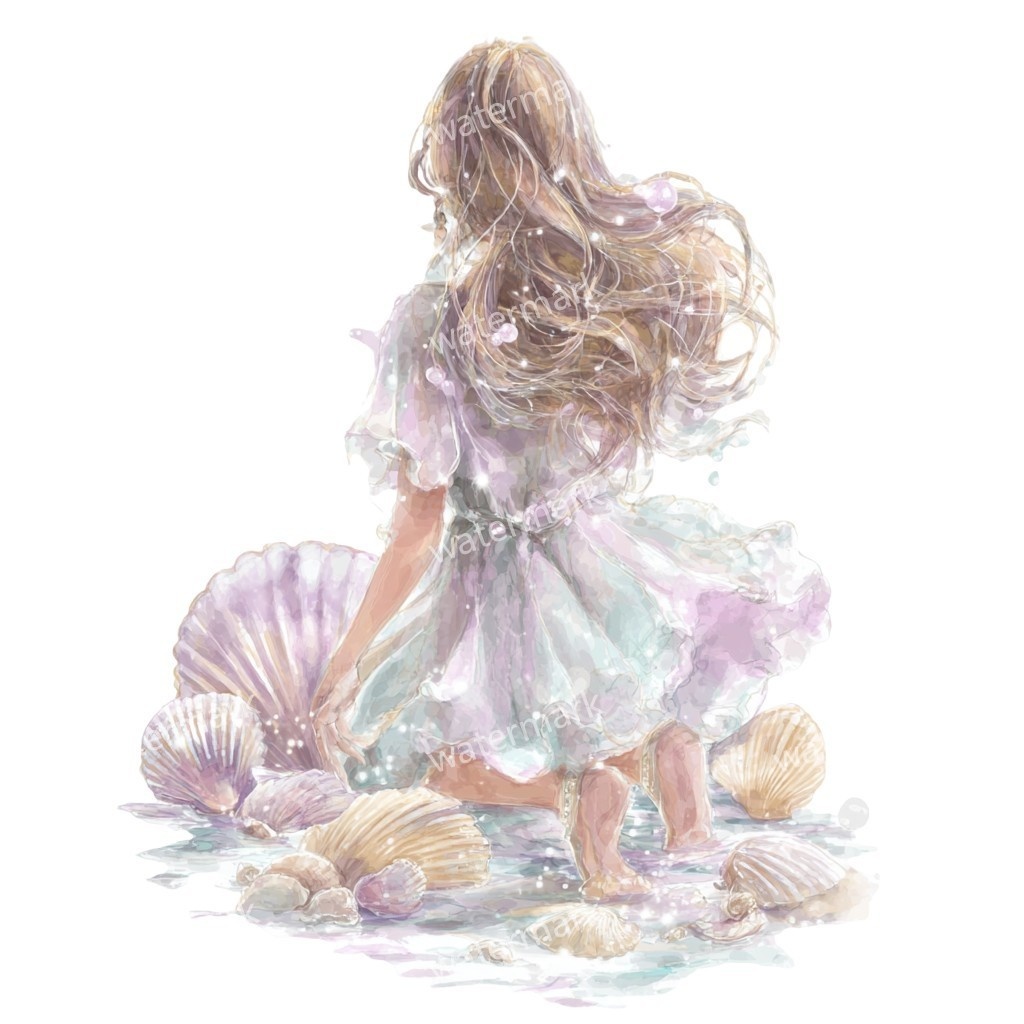 【商用利用可】女の子と貝殻(水彩マリン)クリップアート18点セット|高解像度・透過PNG|印刷OK・コラージュ・ジャンクジャーナル素材|即ダウンロード
