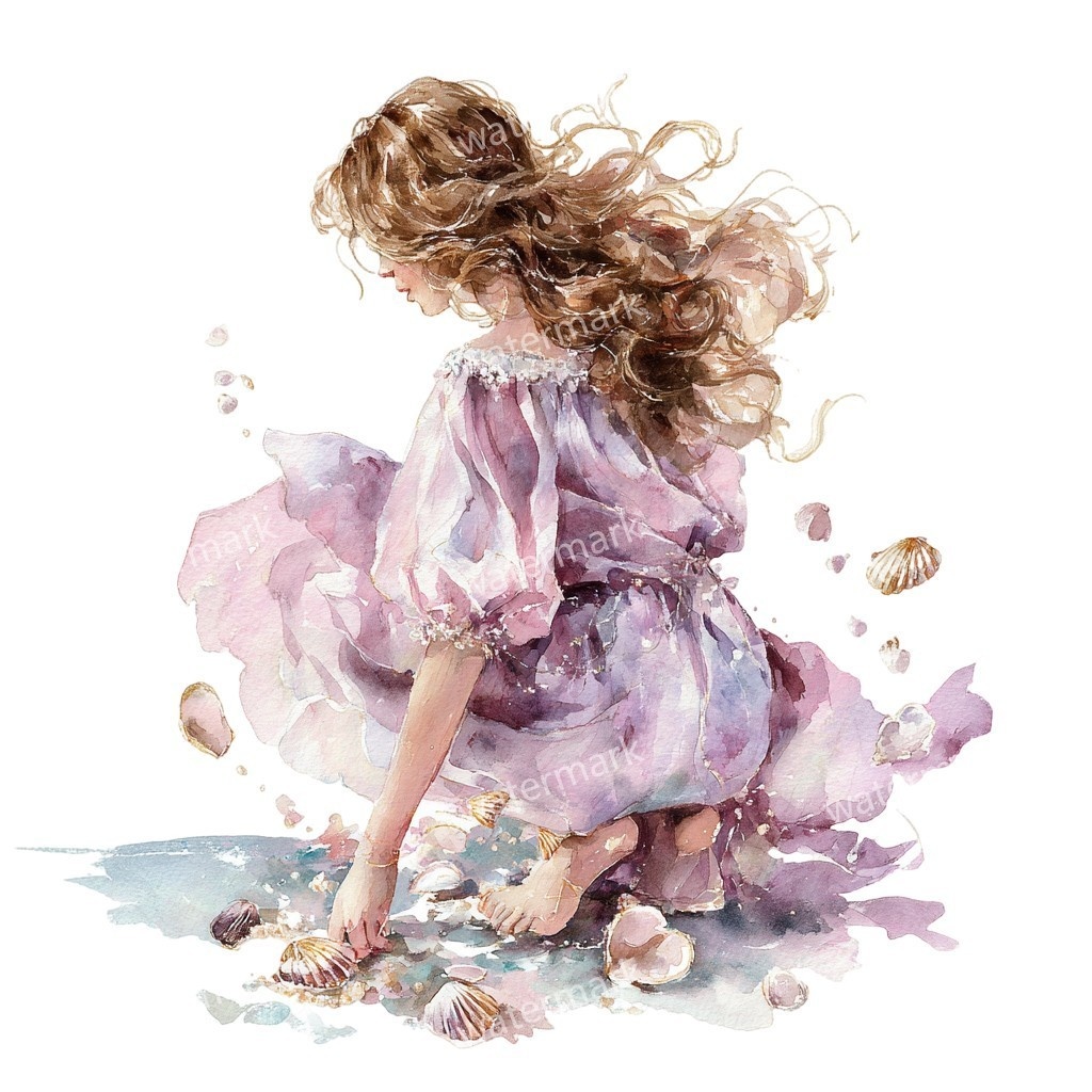 【商用利用可】女の子と貝殻(水彩マリン)クリップアート18点セット|高解像度・透過PNG|印刷OK・コラージュ・ジャンクジャーナル素材|即ダウンロード