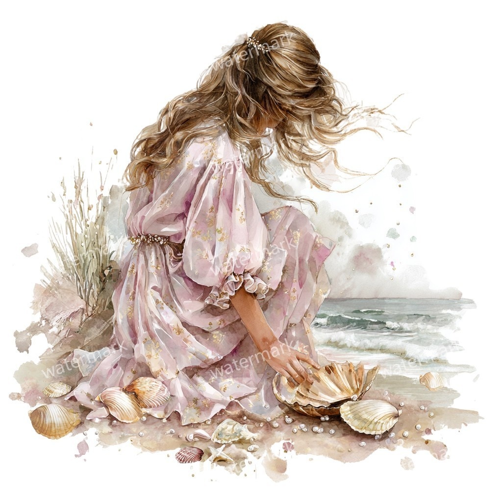 【商用利用可】女の子と貝殻(水彩マリン)クリップアート18点セット|高解像度・透過PNG|印刷OK・コラージュ・ジャンクジャーナル素材|即ダウンロード