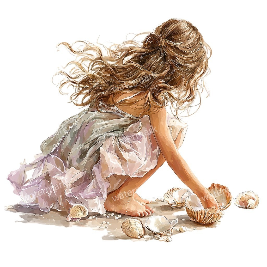 【商用利用可】女の子と貝殻(水彩マリン)クリップアート18点セット|高解像度・透過PNG|印刷OK・コラージュ・ジャンクジャーナル素材|即ダウンロード
