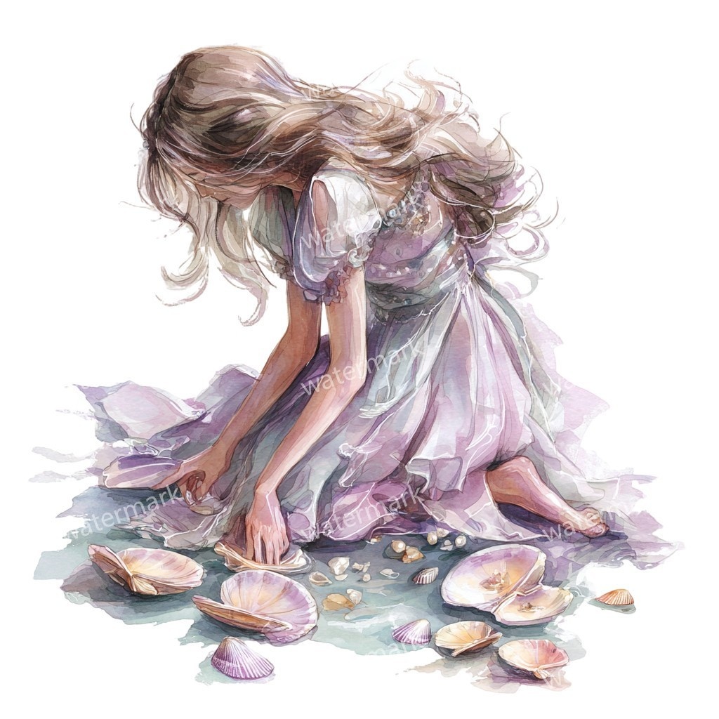 【商用利用可】女の子と貝殻(水彩マリン)クリップアート18点セット|高解像度・透過PNG|印刷OK・コラージュ・ジャンクジャーナル素材|即ダウンロード