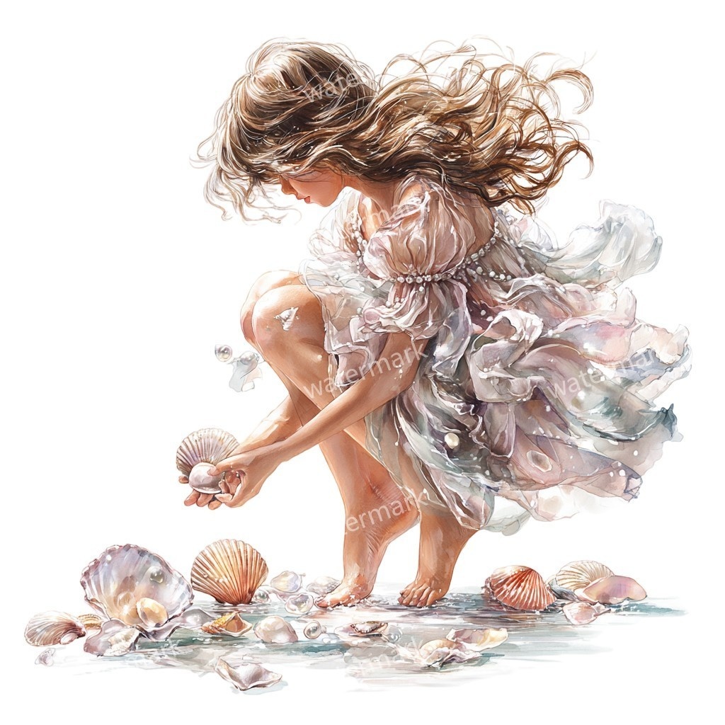 【商用利用可】女の子と貝殻(水彩マリン)クリップアート18点セット|高解像度・透過PNG|印刷OK・コラージュ・ジャンクジャーナル素材|即ダウンロード