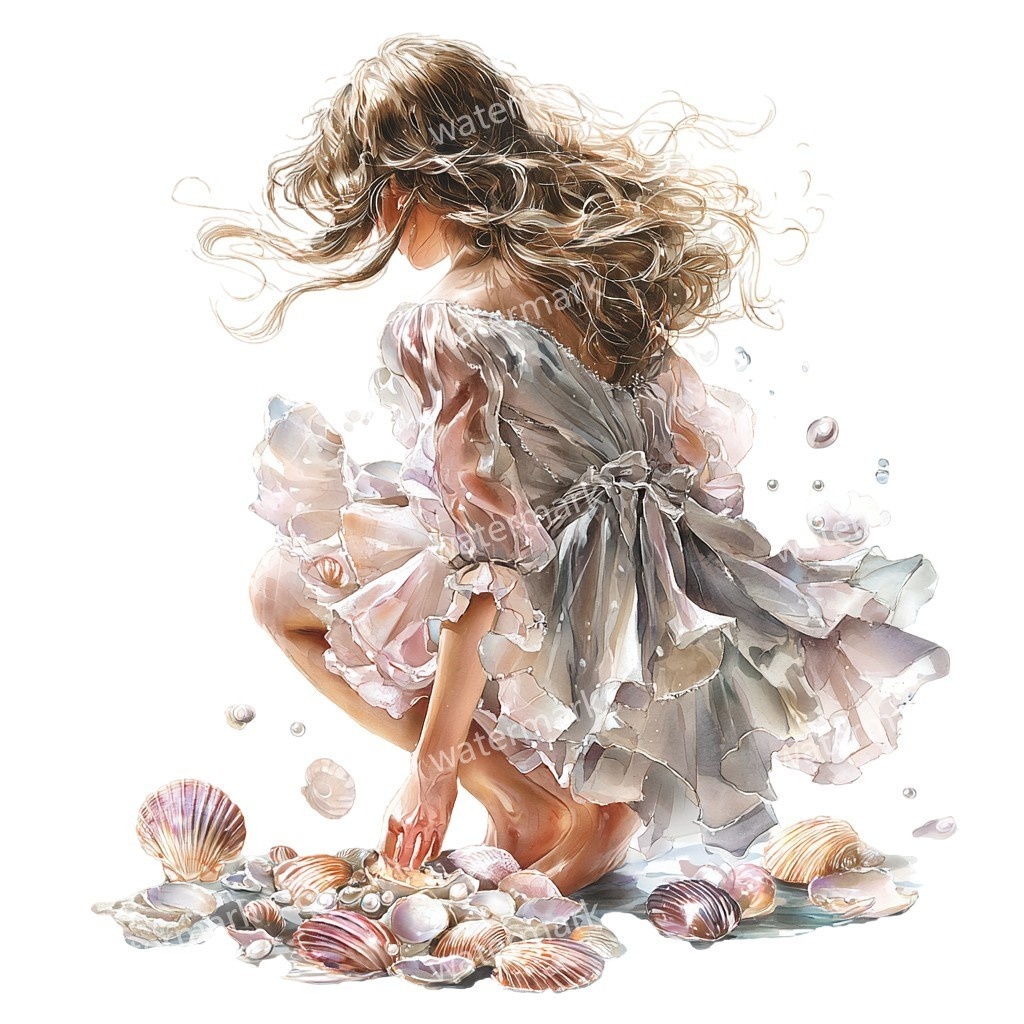 【商用利用可】女の子と貝殻(水彩マリン)クリップアート18点セット|高解像度・透過PNG|印刷OK・コラージュ・ジャンクジャーナル素材|即ダウンロード