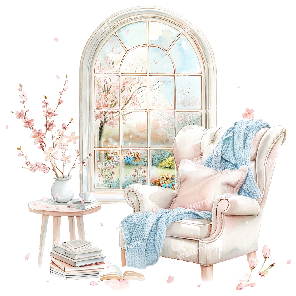 【商用利用可】ほっこりお部屋コーナー（水彩）クリップアート10点セット｜高解像度・透過PNG｜印刷OK・コラージュ・ジャンクジャーナル素材｜即ダウンロード