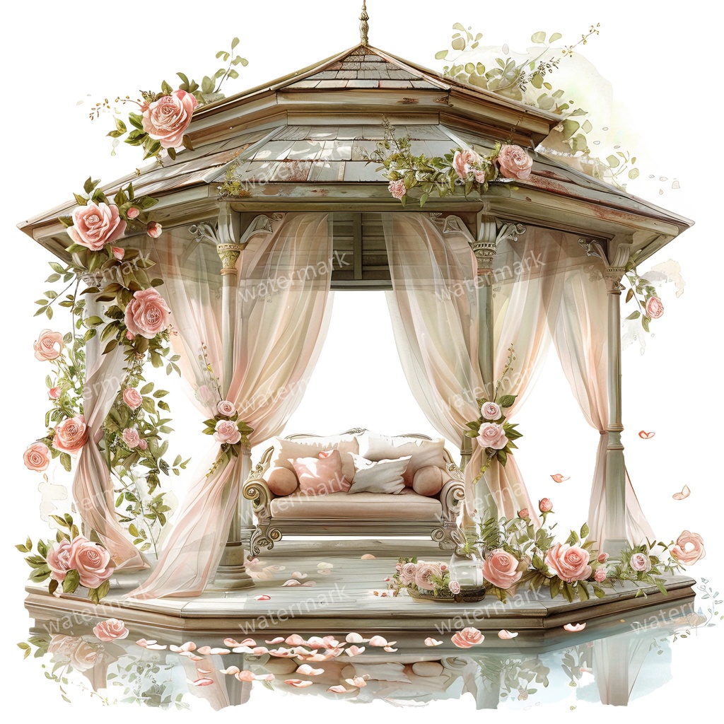 【商用利用可】ロマンティックパビリオン(水彩ガゼボ・東屋)クリップアート20点セット|高解像度・透過PNG|印刷OK・コラージュ・ジャンクジャーナル素材|即ダウンロード