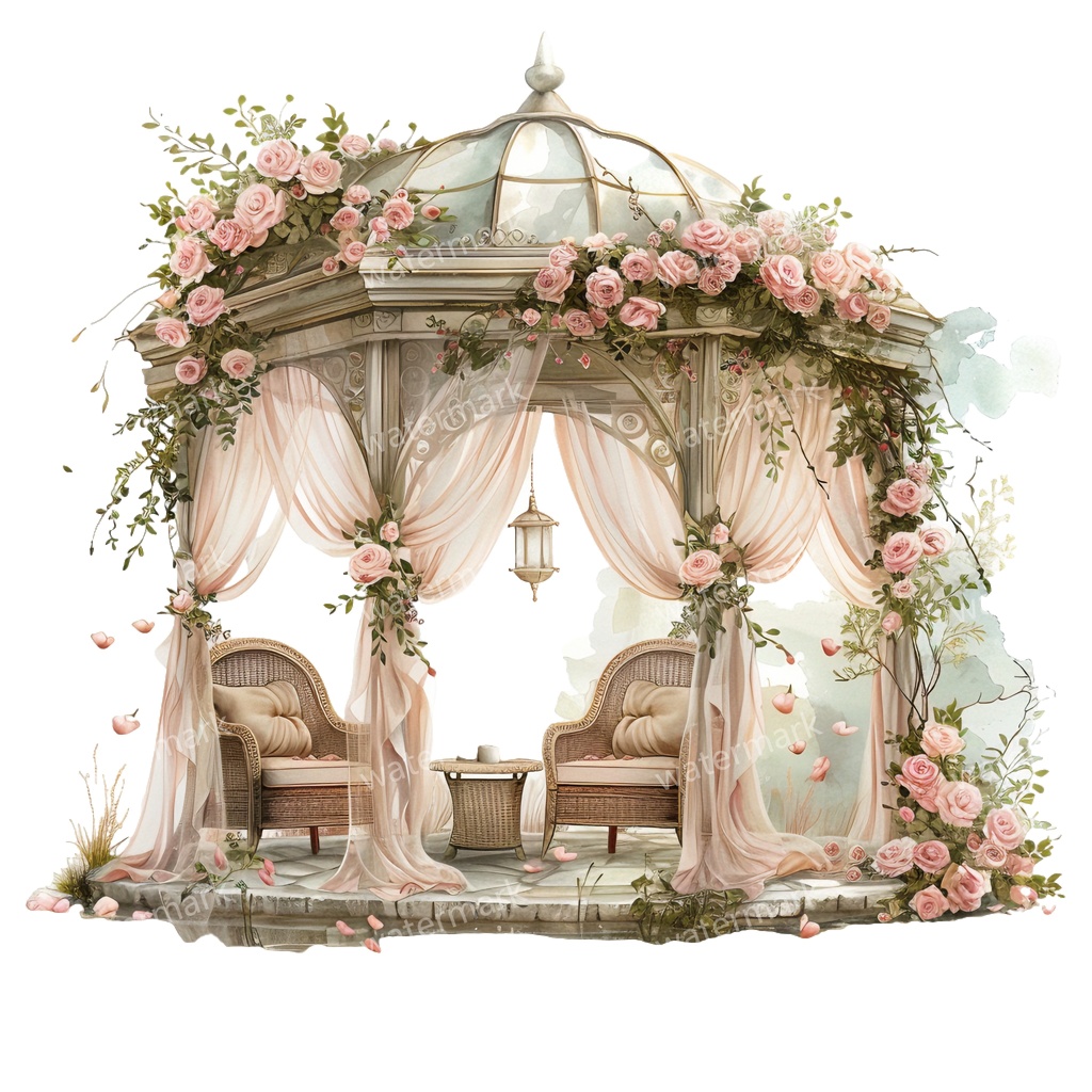 【商用利用可】ロマンティックパビリオン(水彩ガゼボ・東屋)クリップアート20点セット|高解像度・透過PNG|印刷OK・コラージュ・ジャンクジャーナル素材|即ダウンロード