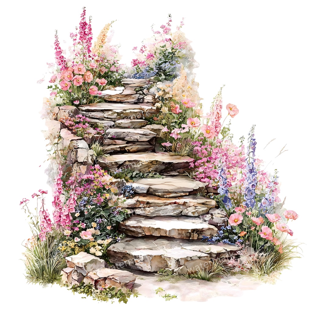 【商用利用可】石階段(水彩ストーンステアケース)クリップアート15点セット|高解像度・透過PNG|印刷OK・コラージュ・ジャンクジャーナル素材|即ダウンロード