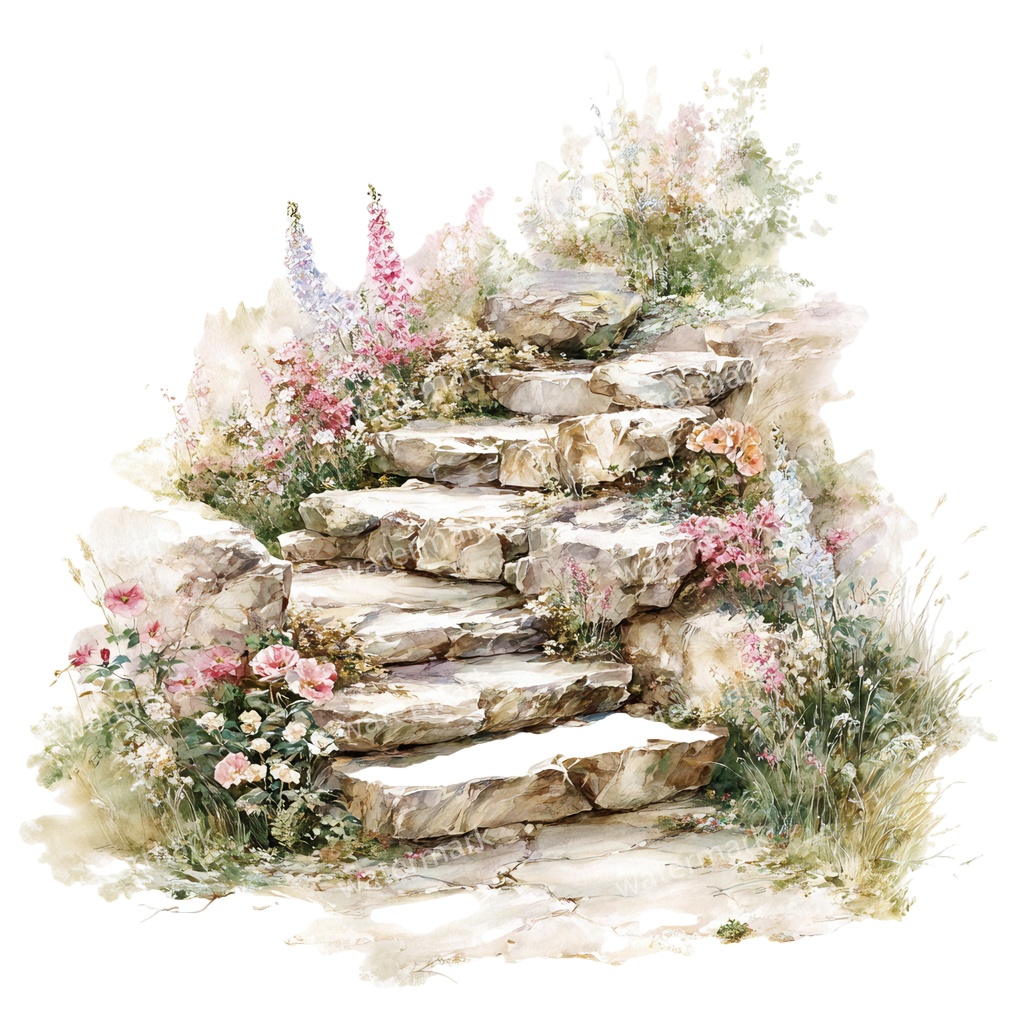【商用利用可】石階段(水彩ストーンステアケース)クリップアート15点セット|高解像度・透過PNG|印刷OK・コラージュ・ジャンクジャーナル素材|即ダウンロード