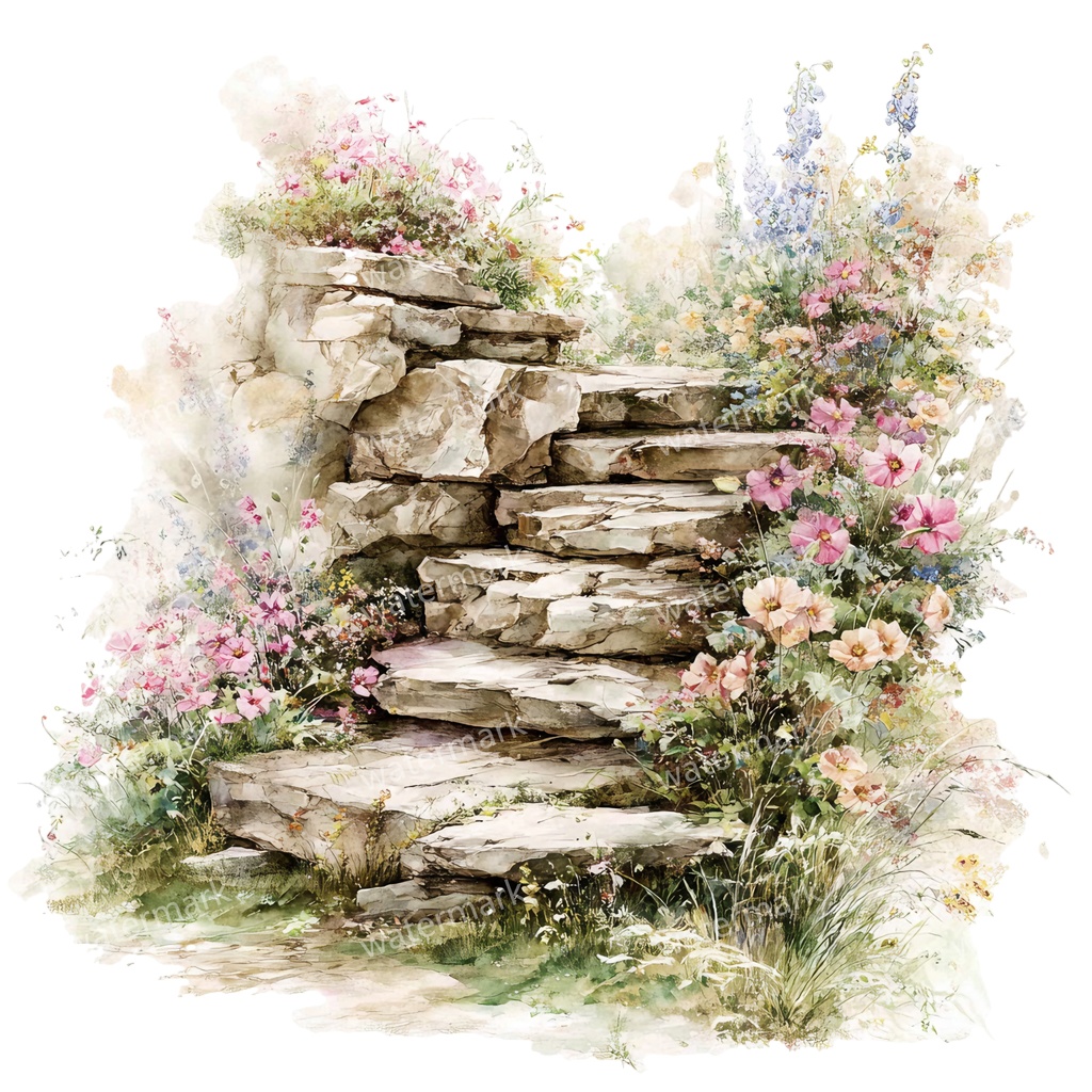【商用利用可】石階段(水彩ストーンステアケース)クリップアート15点セット|高解像度・透過PNG|印刷OK・コラージュ・ジャンクジャーナル素材|即ダウンロード