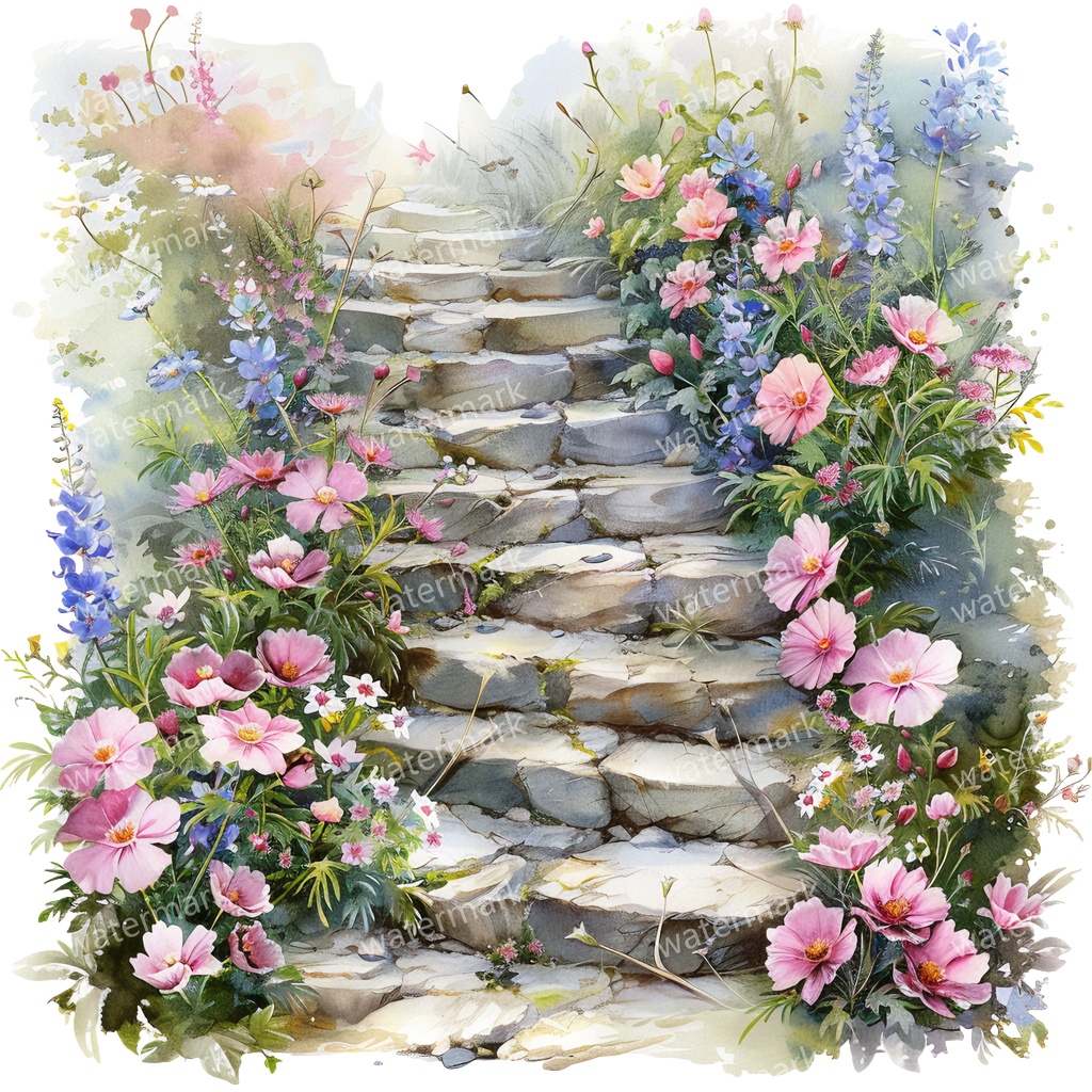 【商用利用可】石階段(水彩ストーンステアケース)クリップアート15点セット|高解像度・透過PNG|印刷OK・コラージュ・ジャンクジャーナル素材|即ダウンロード