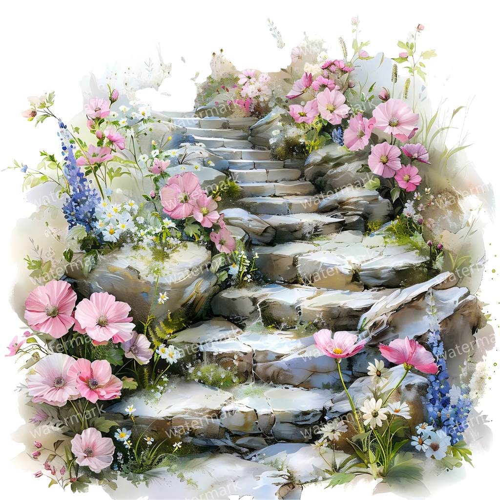 【商用利用可】石階段(水彩ストーンステアケース)クリップアート15点セット|高解像度・透過PNG|印刷OK・コラージュ・ジャンクジャーナル素材|即ダウンロード