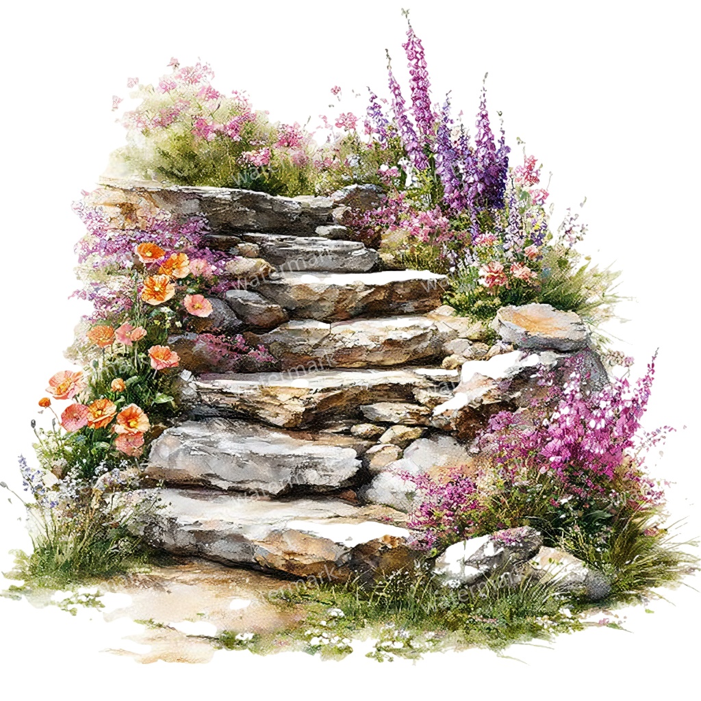 【商用利用可】石階段(水彩ストーンステアケース)クリップアート15点セット|高解像度・透過PNG|印刷OK・コラージュ・ジャンクジャーナル素材|即ダウンロード