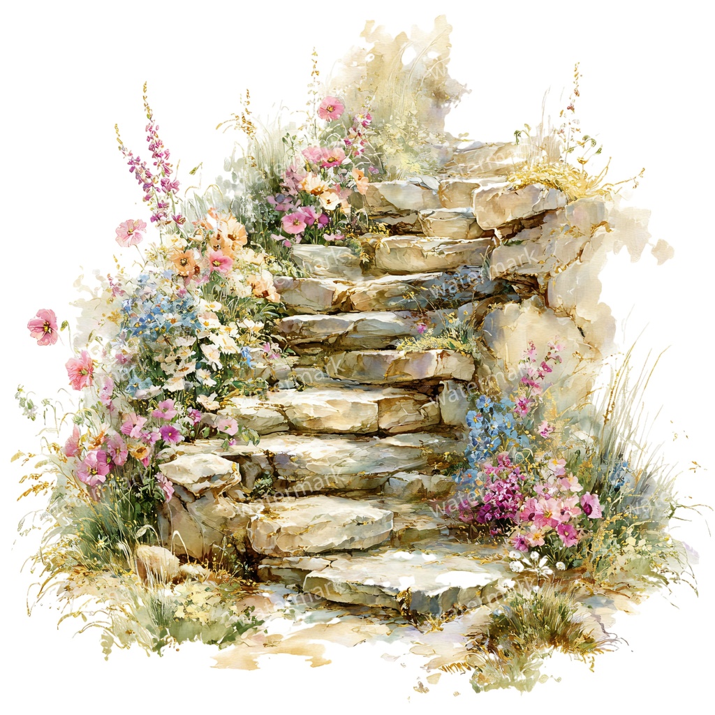 【商用利用可】石階段（水彩ストーンステアケース）クリップアート15点セット｜高解像度・透過PNG｜印刷OK・コラージュ・ジャンクジャーナル素材｜即ダウンロード