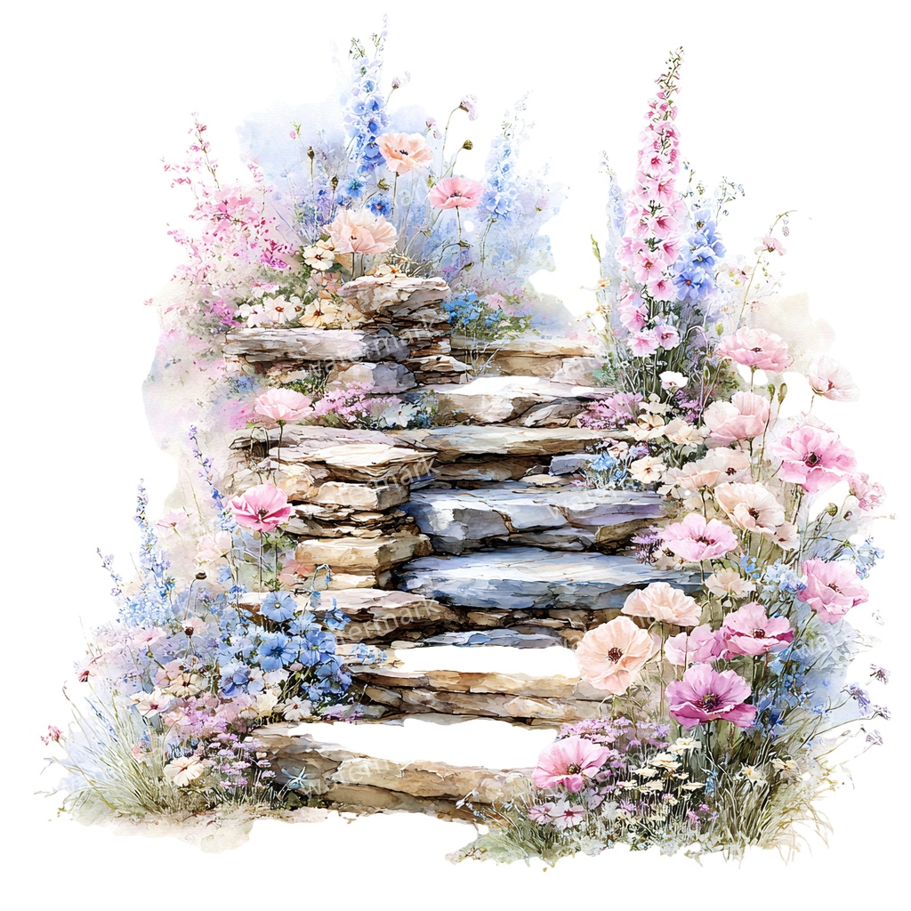 【商用利用可】石階段(水彩ストーンステアケース)クリップアート15点セット|高解像度・透過PNG|印刷OK・コラージュ・ジャンクジャーナル素材|即ダウンロード