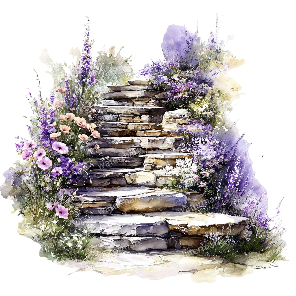 【商用利用可】石階段(水彩ストーンステアケース)クリップアート15点セット|高解像度・透過PNG|印刷OK・コラージュ・ジャンクジャーナル素材|即ダウンロード