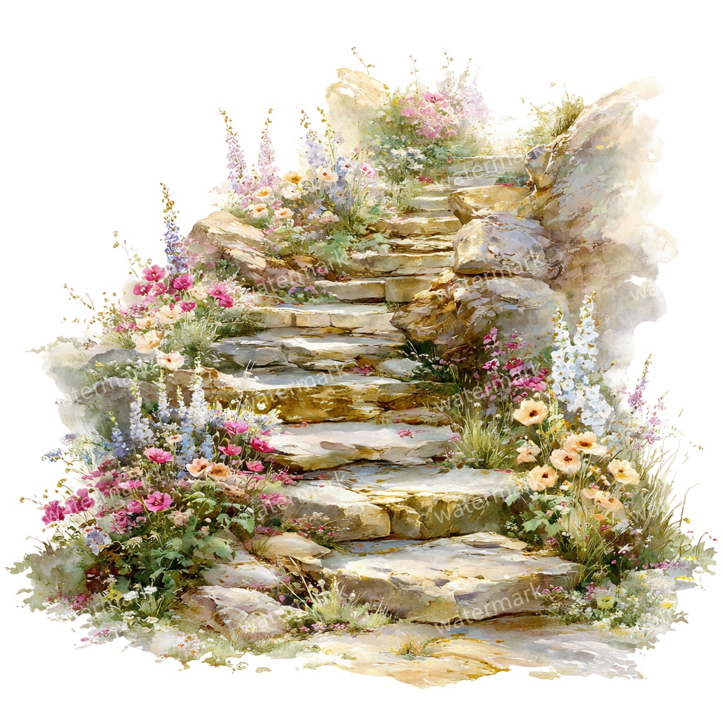【商用利用可】石階段(水彩ストーンステアケース)クリップアート15点セット|高解像度・透過PNG|印刷OK・コラージュ・ジャンクジャーナル素材|即ダウンロード