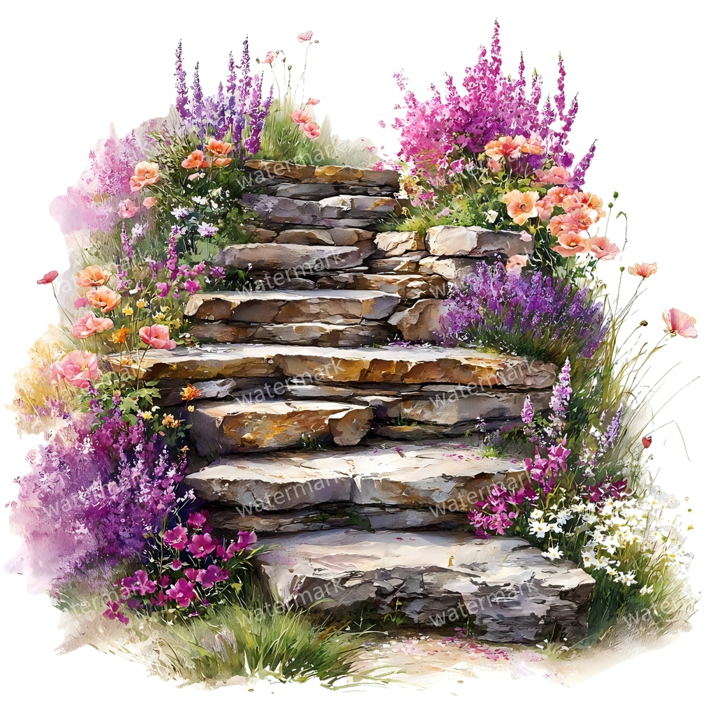 【商用利用可】石階段(水彩ストーンステアケース)クリップアート15点セット|高解像度・透過PNG|印刷OK・コラージュ・ジャンクジャーナル素材|即ダウンロード