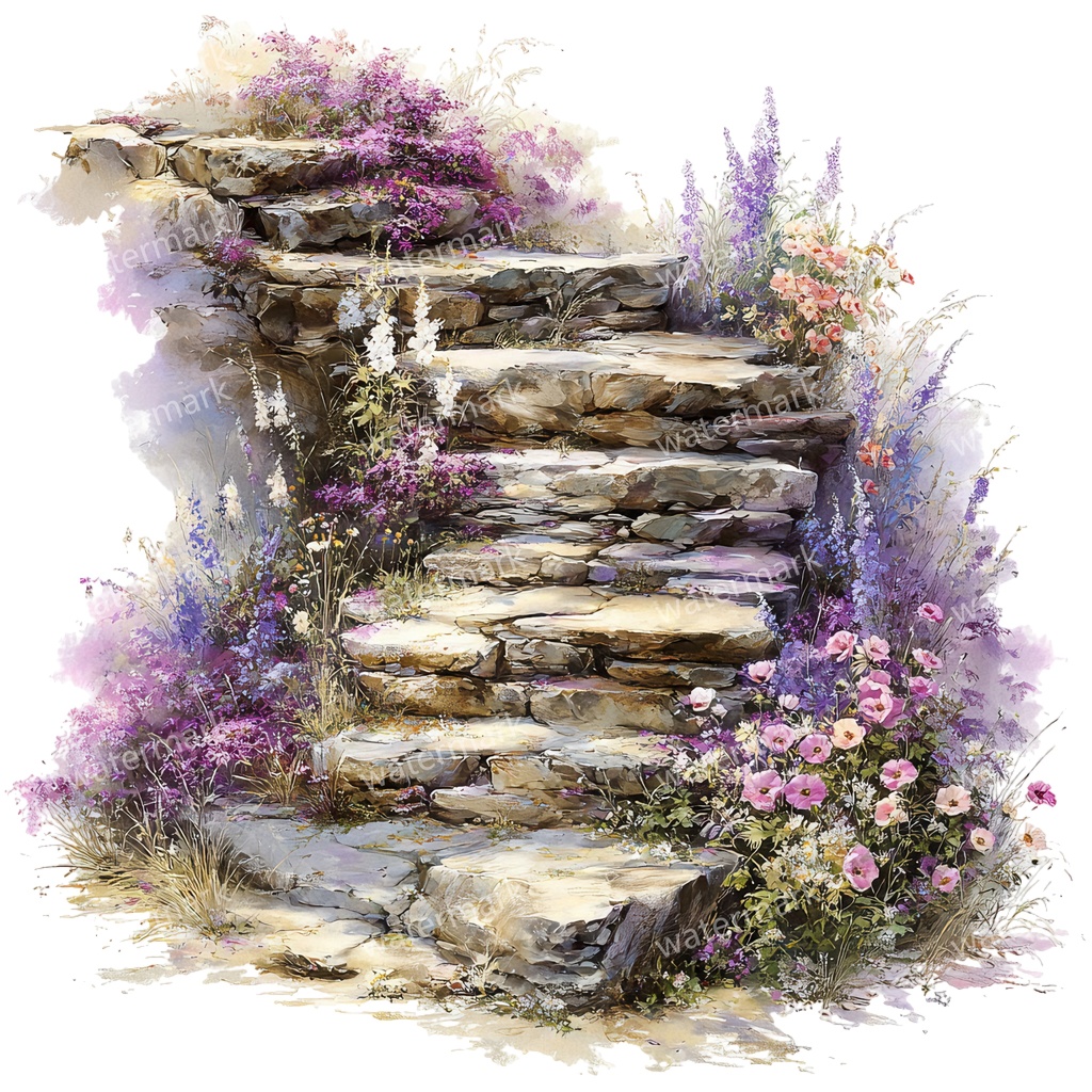 【商用利用可】石階段(水彩ストーンステアケース)クリップアート15点セット|高解像度・透過PNG|印刷OK・コラージュ・ジャンクジャーナル素材|即ダウンロード