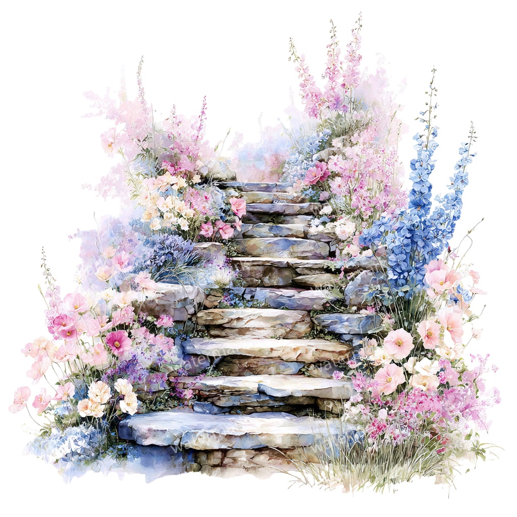 【商用利用可】石階段(水彩ストーンステアケース)クリップアート15点セット|高解像度・透過PNG|印刷OK・コラージュ・ジャンクジャーナル素材|即ダウンロード