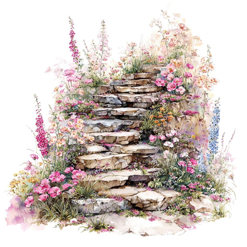 【商用利用可】石階段(水彩ストーンステアケース)クリップアート15点セット|高解像度・透過PNG|印刷OK・コラージュ・ジャンクジャーナル素材|即ダウンロード