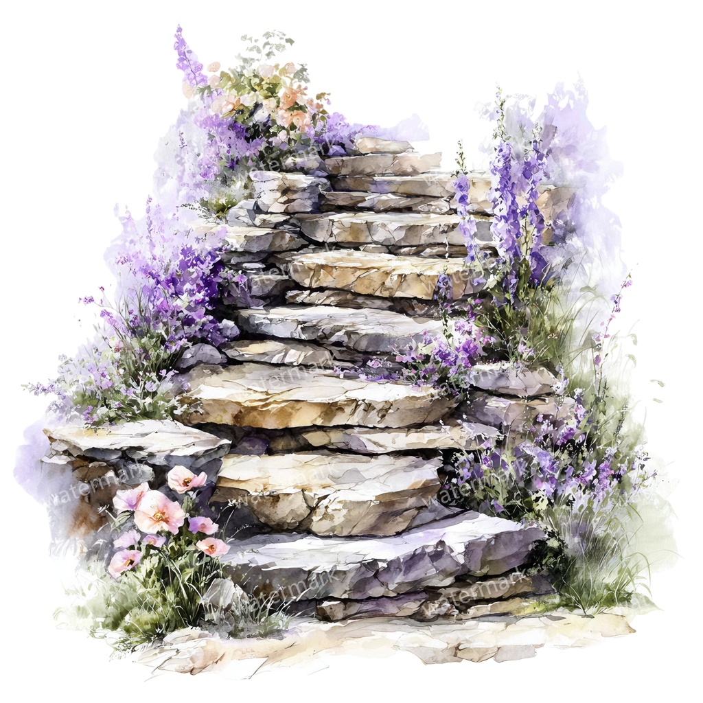 【商用利用可】石階段(水彩ストーンステアケース)クリップアート15点セット|高解像度・透過PNG|印刷OK・コラージュ・ジャンクジャーナル素材|即ダウンロード