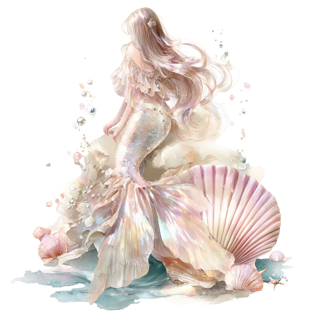 【商用利用可】マーメイド(水彩人魚)クリップアート15点セット|高解像度・透過PNG|印刷OK・コラージュ・ジャンクジャーナル素材|即ダウンロード