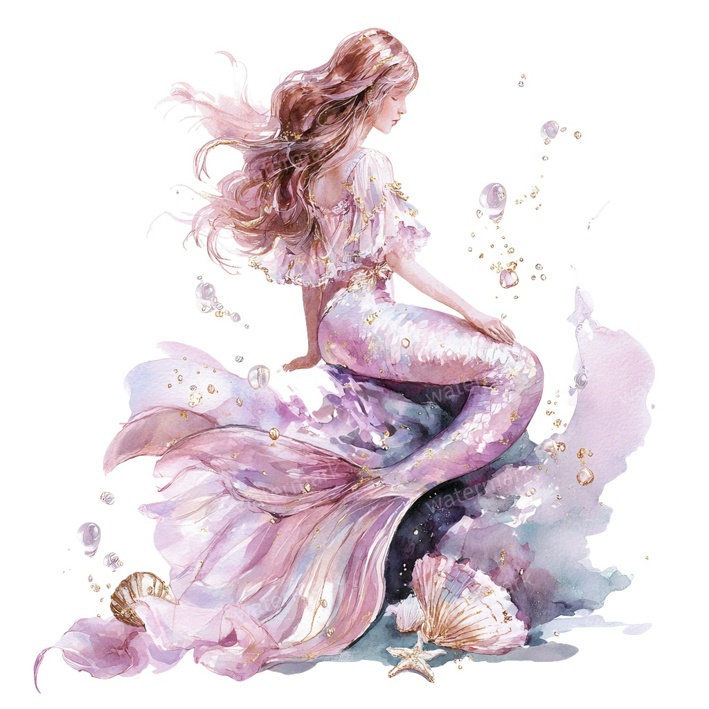 【商用利用可】マーメイド(水彩人魚)クリップアート15点セット|高解像度・透過PNG|印刷OK・コラージュ・ジャンクジャーナル素材|即ダウンロード