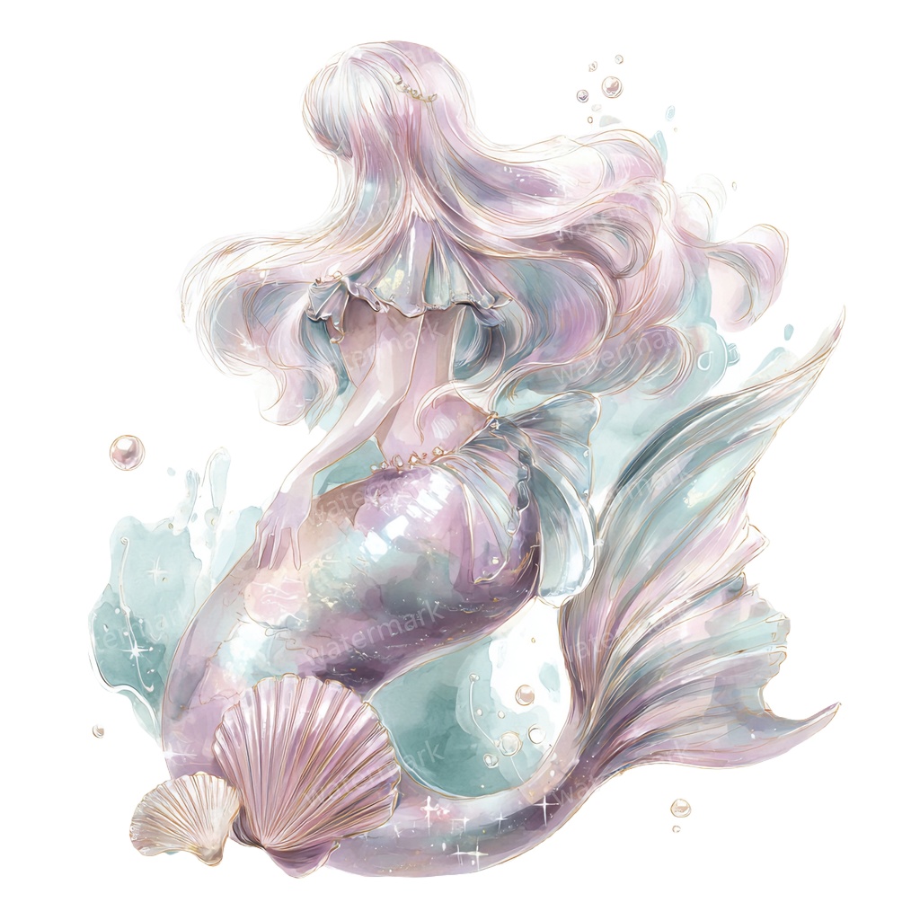 【商用利用可】マーメイド（水彩人魚）クリップアート15点セット｜高解像度・透過PNG｜印刷OK・コラージュ・ジャンクジャーナル素材｜即ダウンロード