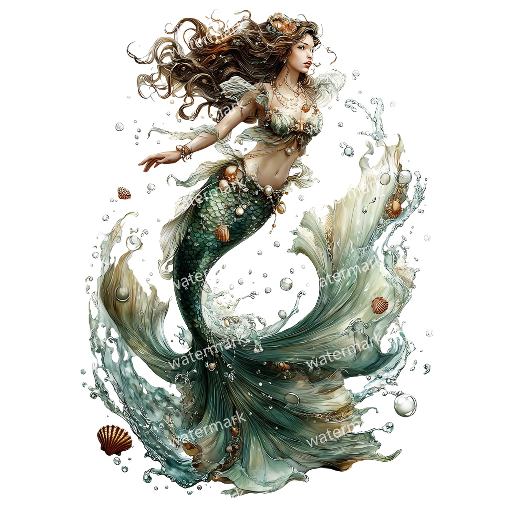 【商用利用可】マーメイド(水彩人魚)クリップアート15点セット|高解像度・透過PNG|印刷OK|コラージュ・ジャンクジャーナル素材|即ダウンロード