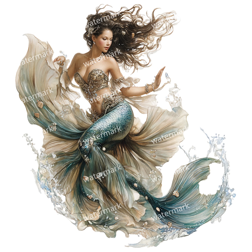 【商用利用可】マーメイド(水彩人魚)クリップアート15点セット|高解像度・透過PNG|印刷OK|コラージュ・ジャンクジャーナル素材|即ダウンロード