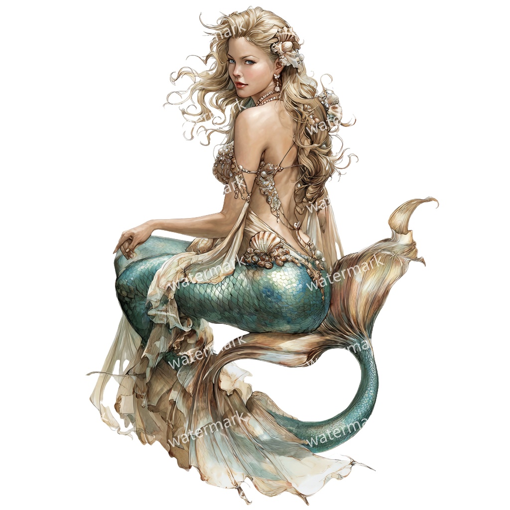 【商用利用可】マーメイド(水彩人魚)クリップアート15点セット|高解像度・透過PNG|印刷OK|コラージュ・ジャンクジャーナル素材|即ダウンロード