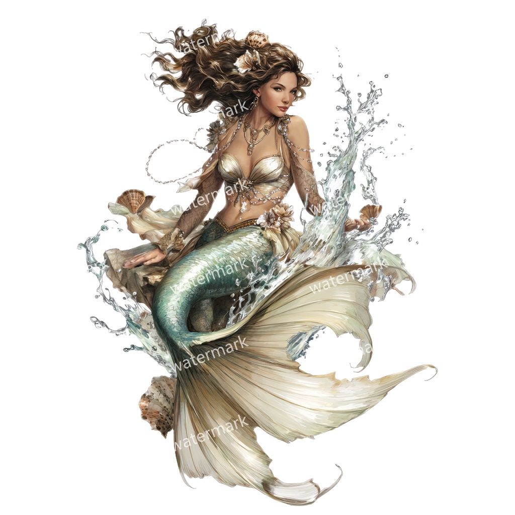 【商用利用可】マーメイド(水彩人魚)クリップアート15点セット|高解像度・透過PNG|印刷OK|コラージュ・ジャンクジャーナル素材|即ダウンロード