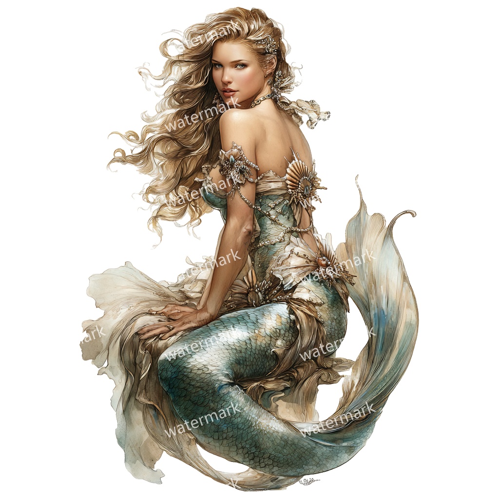 【商用利用可】マーメイド(水彩人魚)クリップアート15点セット|高解像度・透過PNG|印刷OK|コラージュ・ジャンクジャーナル素材|即ダウンロード