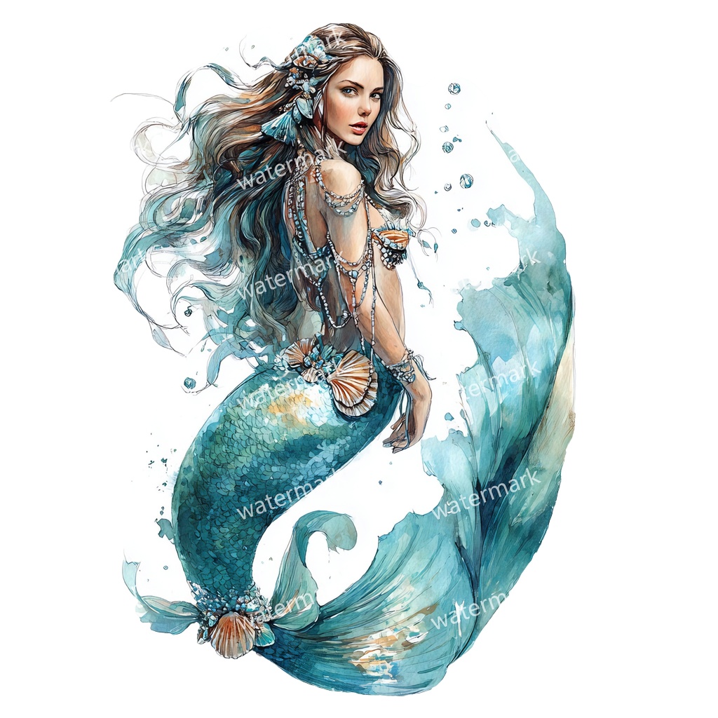 【商用利用可】マーメイド(水彩人魚)クリップアート15点セット|高解像度・透過PNG|印刷OK|コラージュ・ジャンクジャーナル素材|即ダウンロード