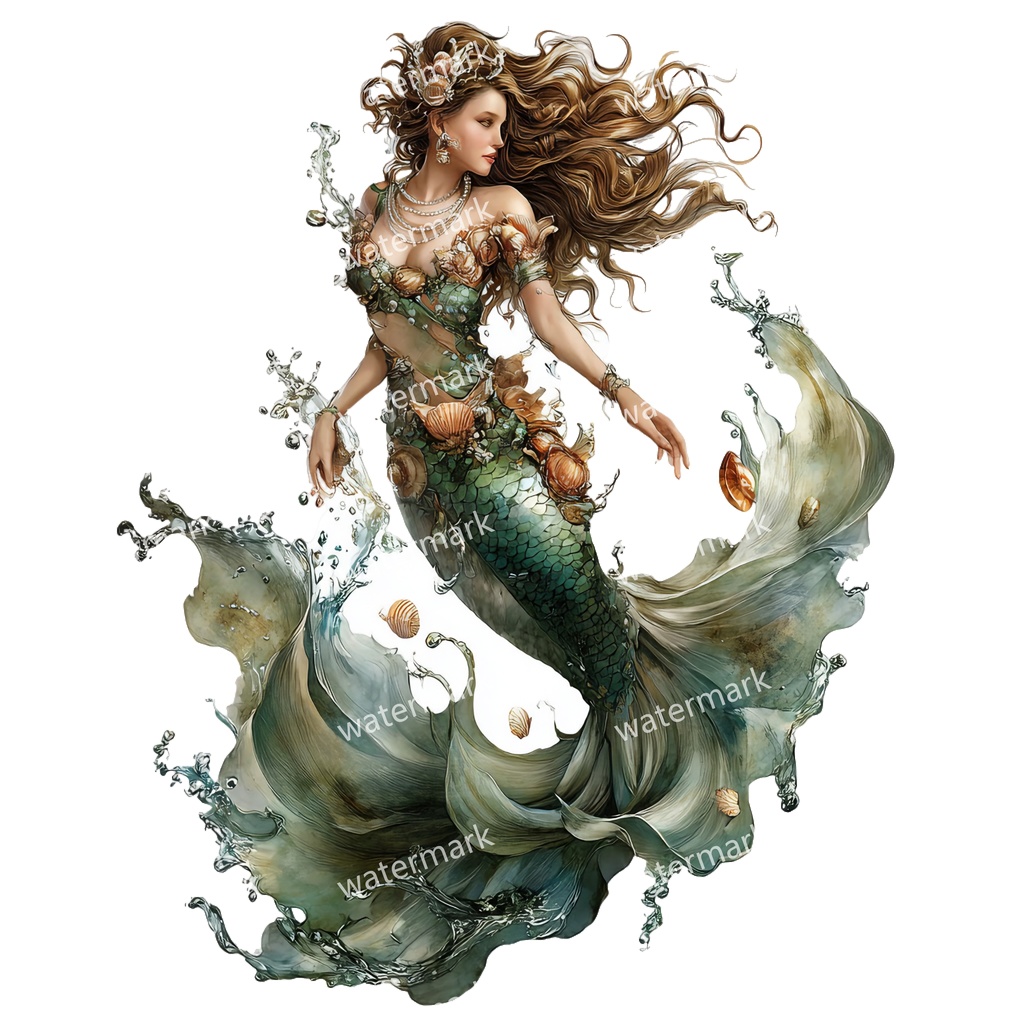 【商用利用可】マーメイド(水彩人魚)クリップアート15点セット|高解像度・透過PNG|印刷OK|コラージュ・ジャンクジャーナル素材|即ダウンロード