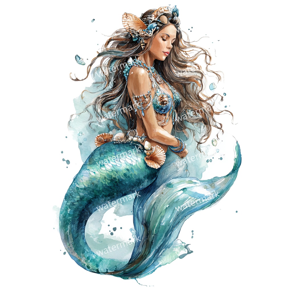 【商用利用可】マーメイド(水彩人魚)クリップアート15点セット|高解像度・透過PNG|印刷OK|コラージュ・ジャンクジャーナル素材|即ダウンロード