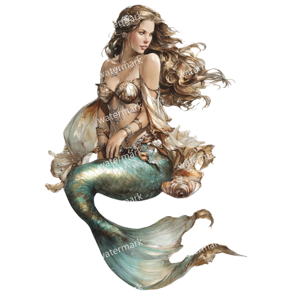 【商用利用可】マーメイド(水彩人魚)クリップアート15点セット|高解像度・透過PNG|印刷OK|コラージュ・ジャンクジャーナル素材|即ダウンロード