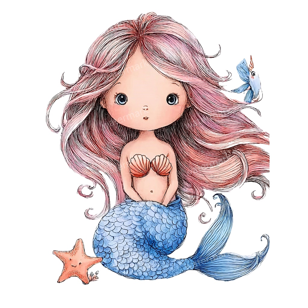 【商用利用可】ベビーマーメイド(水彩人魚の赤ちゃん)クリップアート17点セット|高解像度・透過PNG|印刷OK|コラージュ・ジャンクジャーナル素材|即ダウンロード