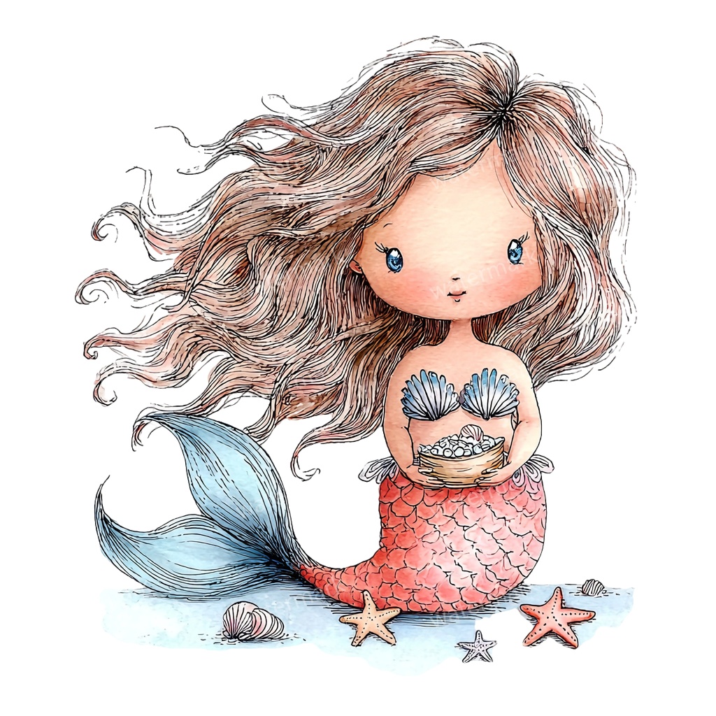 【商用利用可】ベビーマーメイド(水彩人魚の赤ちゃん)クリップアート17点セット|高解像度・透過PNG|印刷OK|コラージュ・ジャンクジャーナル素材|即ダウンロード