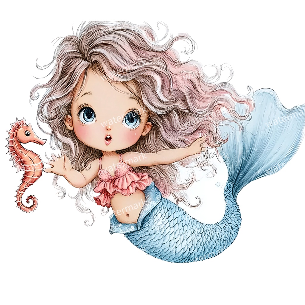 【商用利用可】ベビーマーメイド(水彩人魚の赤ちゃん)クリップアート17点セット|高解像度・透過PNG|印刷OK|コラージュ・ジャンクジャーナル素材|即ダウンロード