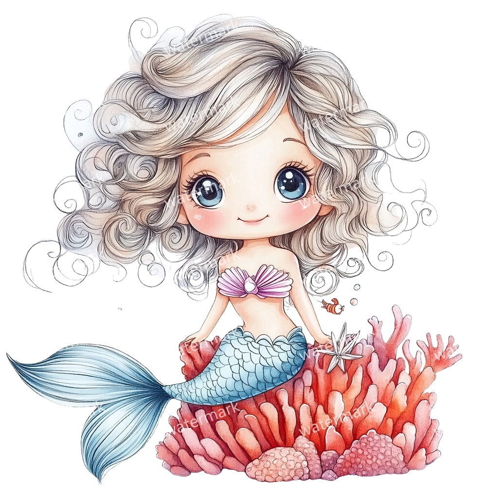 【商用利用可】ベビーマーメイド(水彩人魚の赤ちゃん)クリップアート17点セット|高解像度・透過PNG|印刷OK|コラージュ・ジャンクジャーナル素材|即ダウンロード