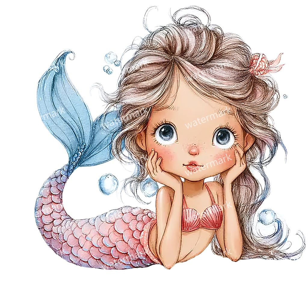 【商用利用可】ベビーマーメイド(水彩人魚の赤ちゃん)クリップアート17点セット|高解像度・透過PNG|印刷OK|コラージュ・ジャンクジャーナル素材|即ダウンロード