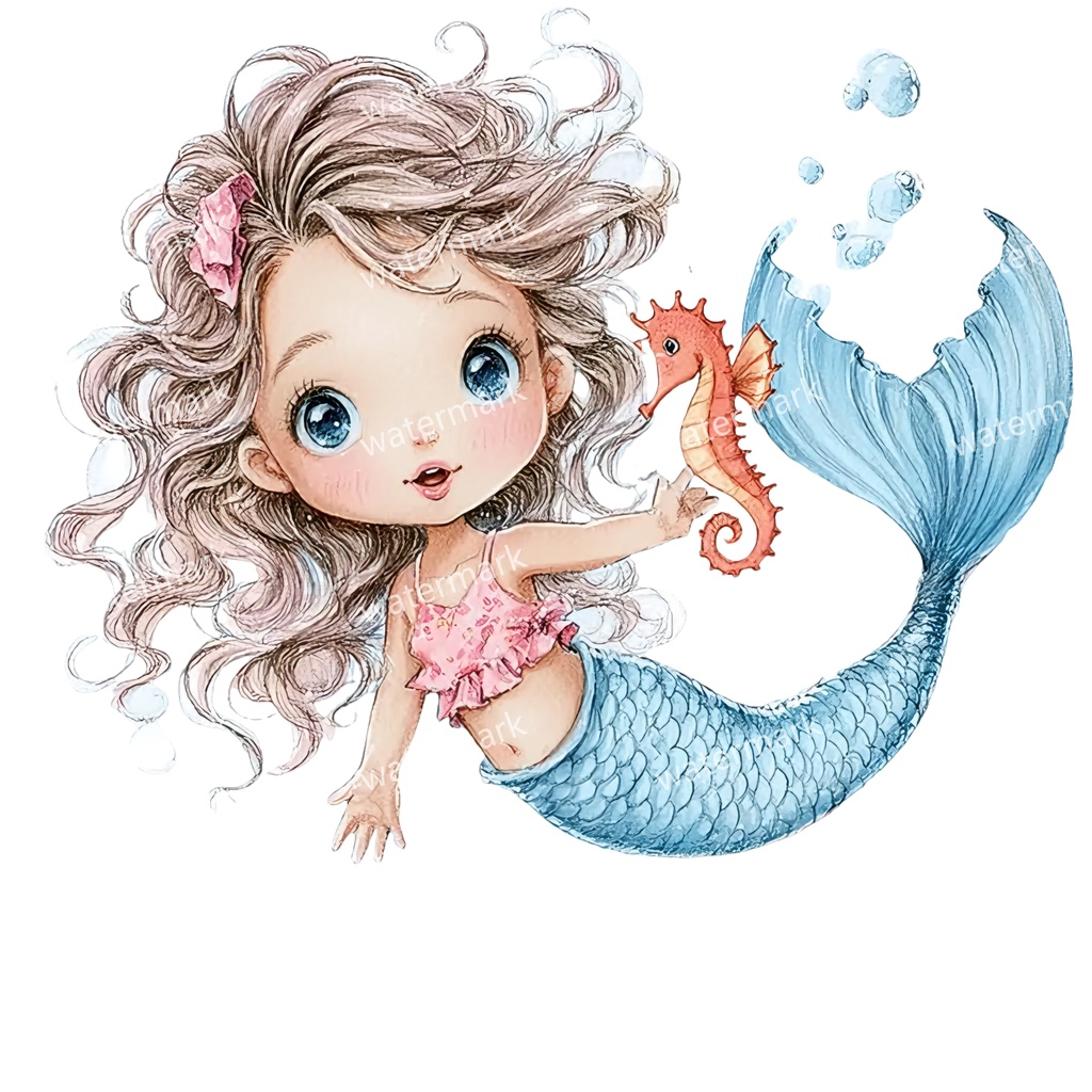 【商用利用可】ベビーマーメイド(水彩人魚の赤ちゃん)クリップアート17点セット|高解像度・透過PNG|印刷OK|コラージュ・ジャンクジャーナル素材|即ダウンロード