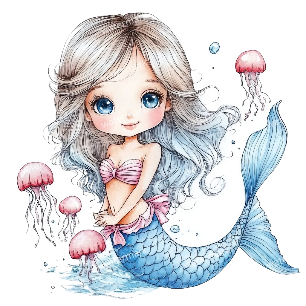 【商用利用可】ベビーマーメイド(水彩人魚の赤ちゃん)クリップアート17点セット|高解像度・透過PNG|印刷OK|コラージュ・ジャンクジャーナル素材|即ダウンロード