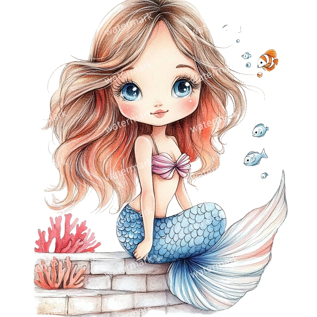 【商用利用可】ベビーマーメイド(水彩人魚の赤ちゃん)クリップアート17点セット|高解像度・透過PNG|印刷OK|コラージュ・ジャンクジャーナル素材|即ダウンロード