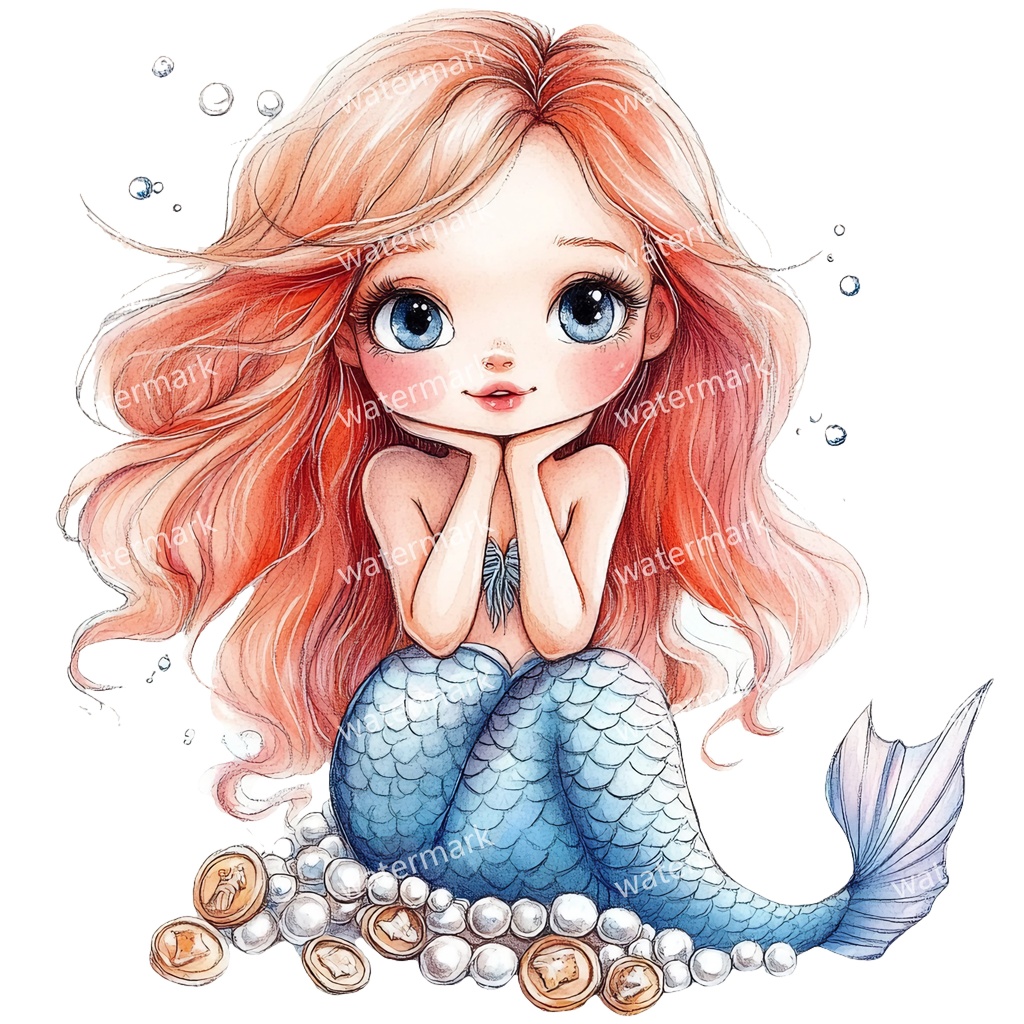 【商用利用可】ベビーマーメイド(水彩人魚の赤ちゃん)クリップアート17点セット|高解像度・透過PNG|印刷OK|コラージュ・ジャンクジャーナル素材|即ダウンロード