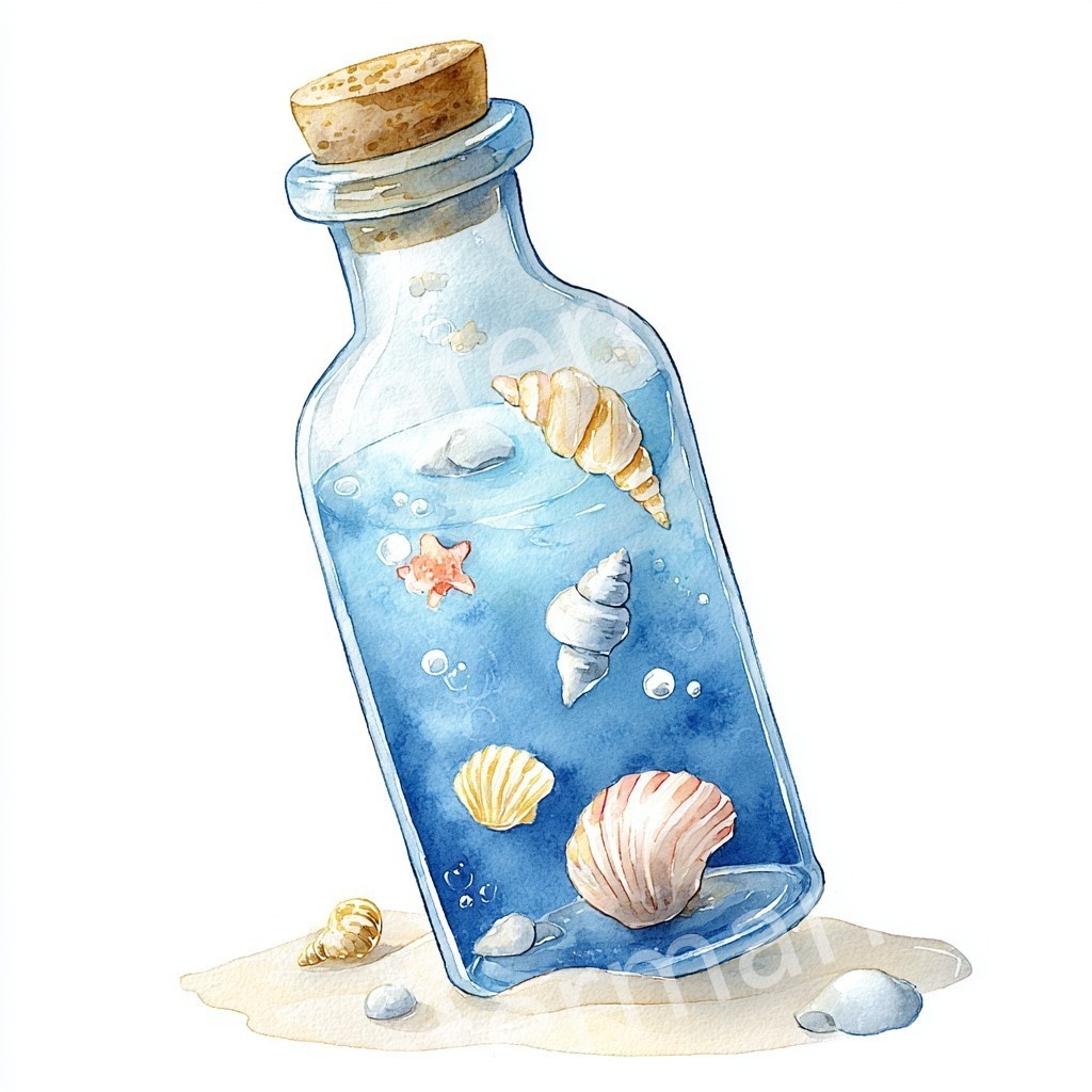 【商用利用可】メッセージボトル(水彩ガラス瓶)クリップアート18点セット|高解像度・透過PNG|印刷OK|コラージュ・ジャンクジャーナル素材|即ダウンロード