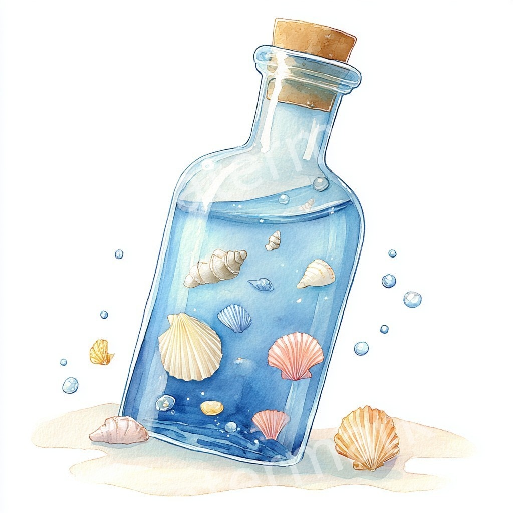 【商用利用可】メッセージボトル(水彩ガラス瓶)クリップアート18点セット|高解像度・透過PNG|印刷OK|コラージュ・ジャンクジャーナル素材|即ダウンロード