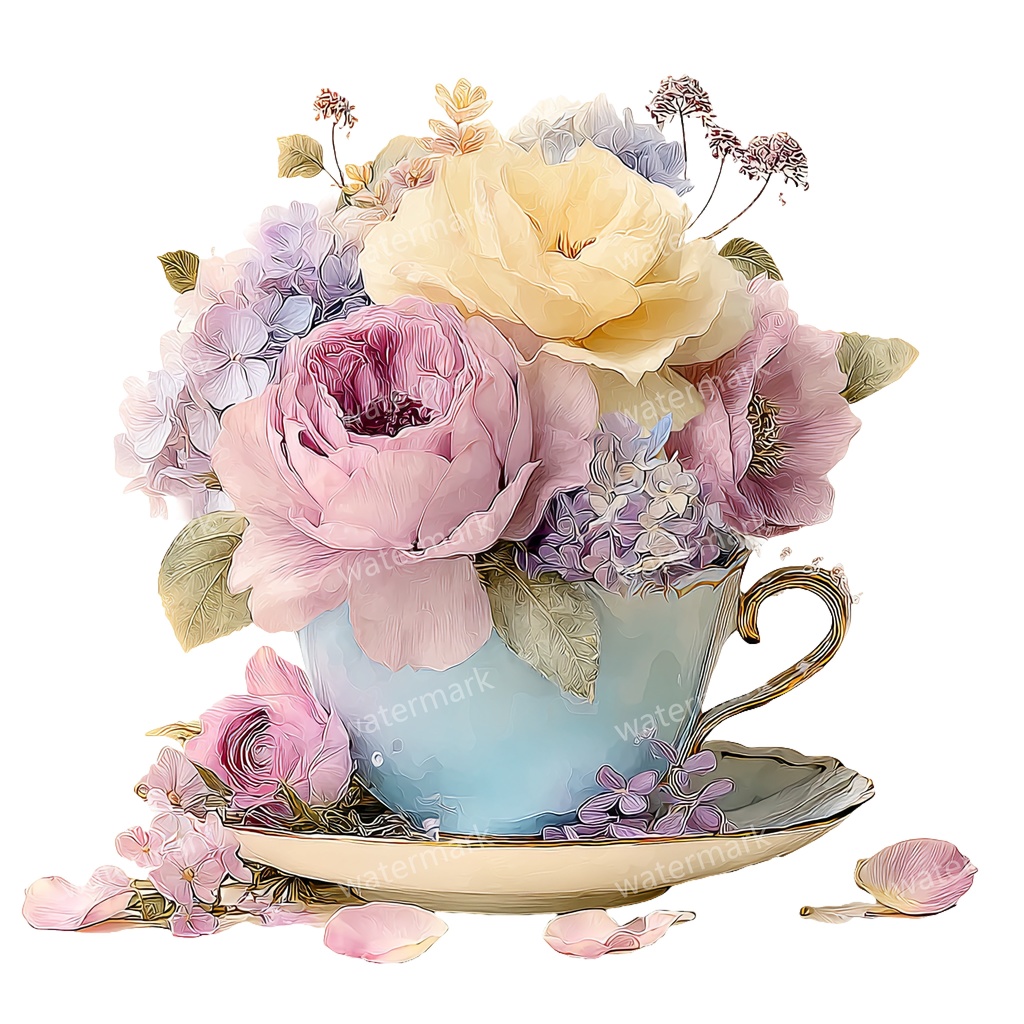 【商用利用可】フラワーティーカップ(水彩花柄ティーカップ)クリップアート18点セット|高解像度・透過PNG|印刷OK|コラージュ・ジャンクジャーナル素材|即ダウンロード