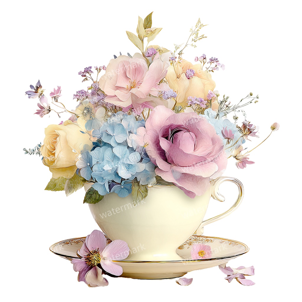 【商用利用可】フラワーティーカップ(水彩花柄ティーカップ)クリップアート18点セット|高解像度・透過PNG|印刷OK|コラージュ・ジャンクジャーナル素材|即ダウンロード